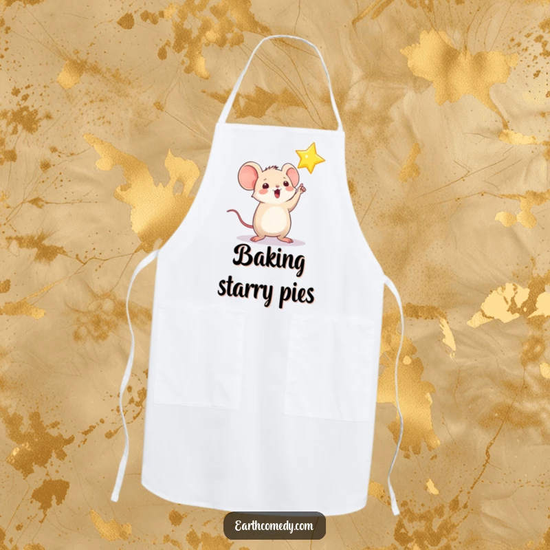 Funny apron showcasing a playful, round mouse character pointing towards a shining star, ideal for aspiring chefs and bakers.