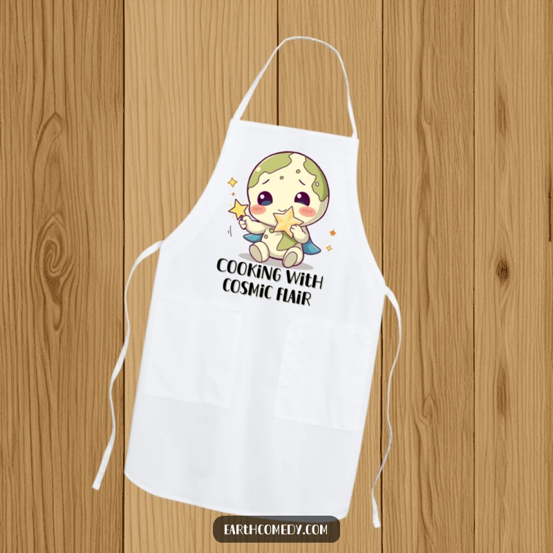 Funny Earth apron depicting a planet character playing with a sparkling star accessory, ideal for a magical kitchen.