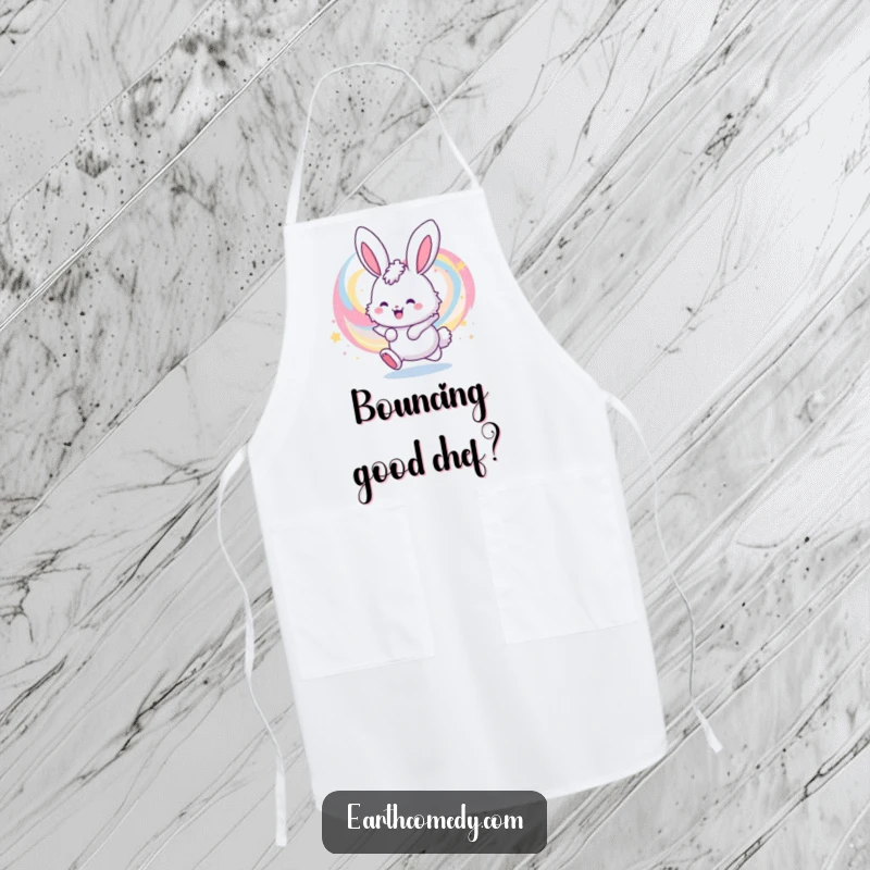 Funny apron showcasing a happy, fluffy bunny character bouncing joyfully amidst a colorful, swirling galaxy, ideal for kitchen fun.