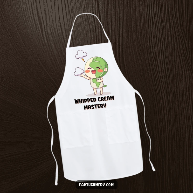 Funny Earth apron depicting a cheerful planet character juggling clouds, ideal for a fun and whimsical kitchen.
