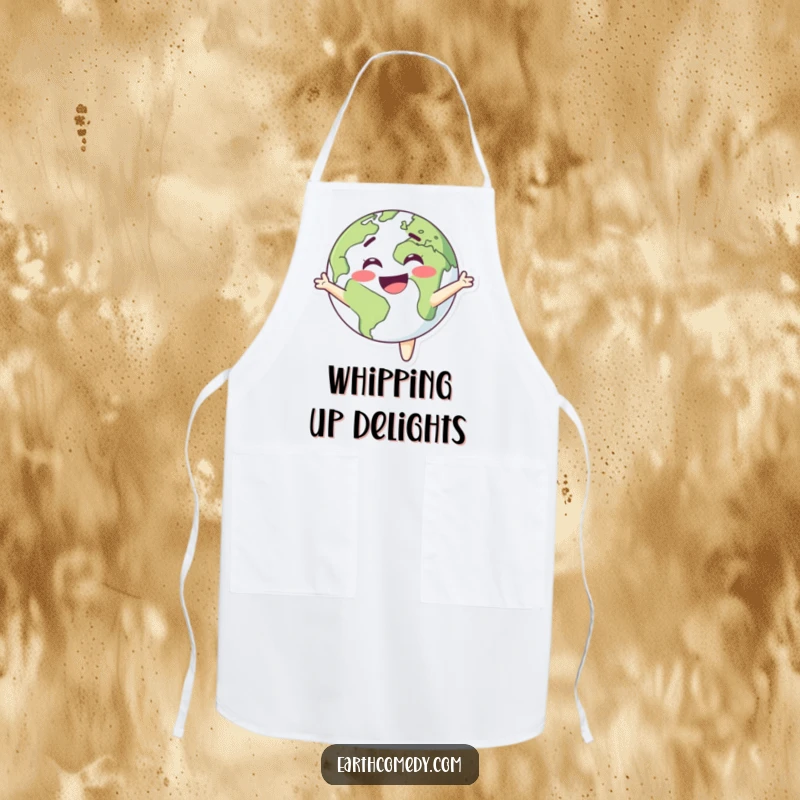 Funny Earth apron depicting a smiling planet character spinning with delight, ideal for a cheerful kitchen.