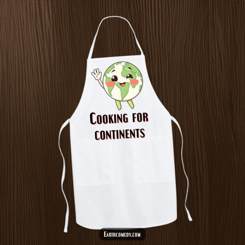 Funny apron featuring a happy Earth character waving enthusiastically, ideal for kitchen fun and planet lovers.