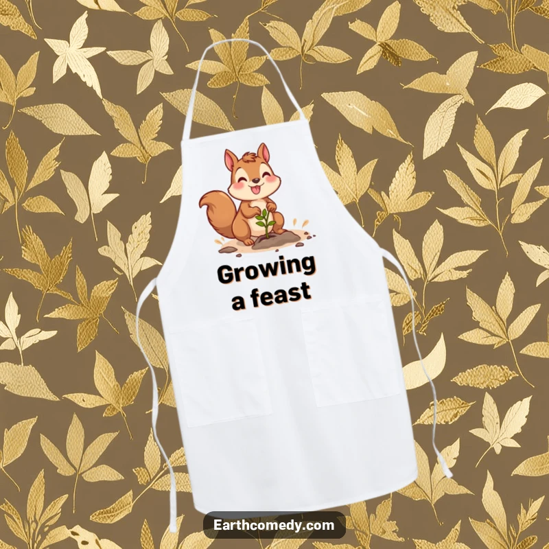 Funny apron showing a joyful squirrel character planting a seedling, ready for gardening or kitchen duty.
