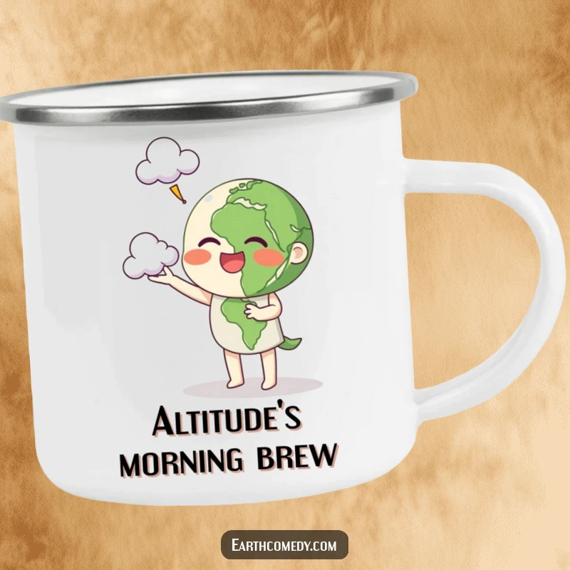 Funny Earth camping mug showing a happy planet character juggling clouds, designed for cheerful outdoor enjoyment.