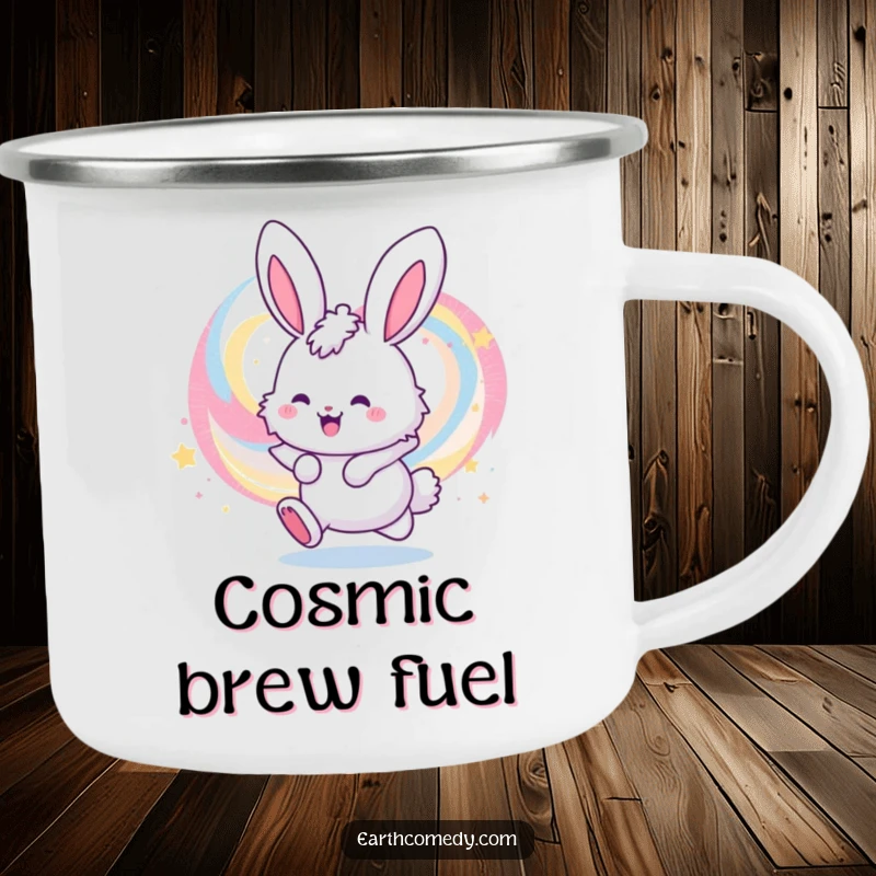 Funny camping mug featuring a cheerful bunny character bouncing near a colorful, swirling galaxy, perfect for outdoor humor.