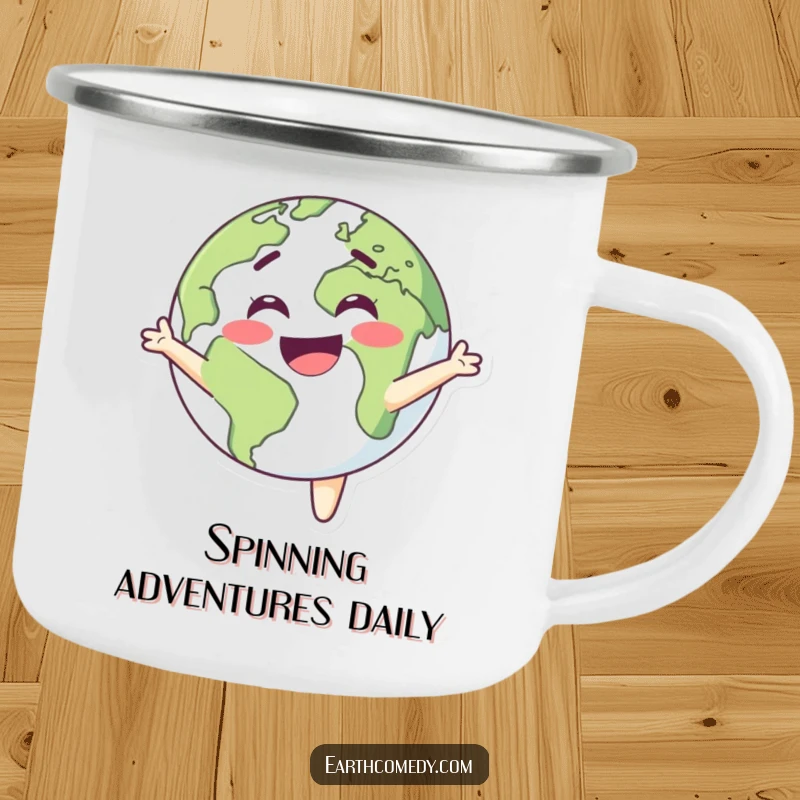Funny Earth camping mug showing a happy planet character spinning with delight, perfect for cheerful outdoor enjoyment.