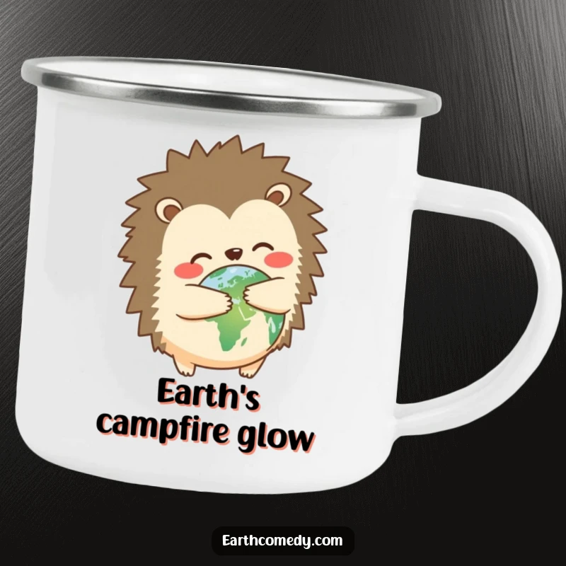 Funny hedgehog earth hugger camping mug with a cute hedgehog hugging planet Earth, durable and humorous for outdoor fun, a funny gift.