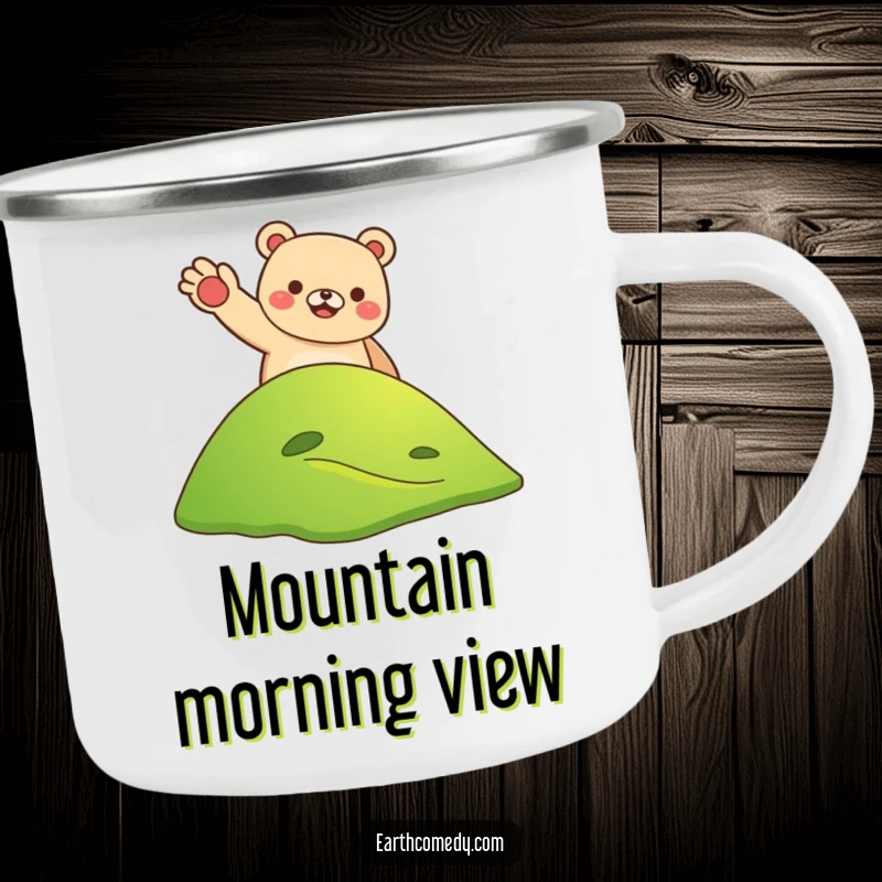Funny bear earth welcoming camping mug with a smiling bear waving from a hill on Earth, durable and humorous for outdoor fun, a funny gift.