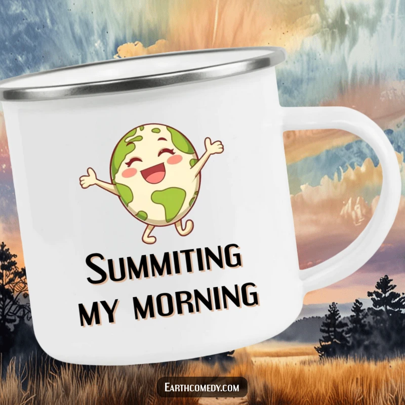 Funny Earth camping mug showing an energetic planet character joyfully leaping, designed for outdoor adventures and laughs.
