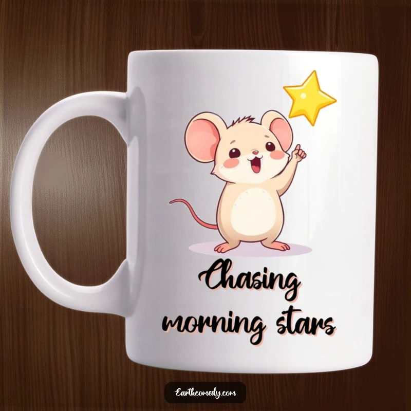 Funny mug featuring a playful, round mouse character excitedly pointing upwards towards a bright, shining star, symbolizing aspiration.