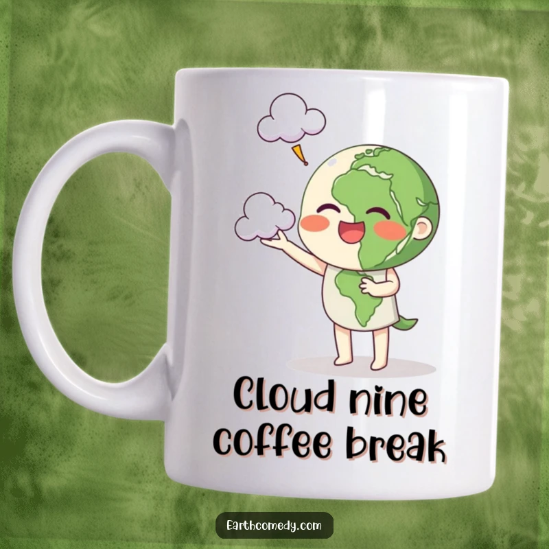 Funny Earth character mug depicting a cheerful planet juggling three fluffy clouds with skill and happiness.