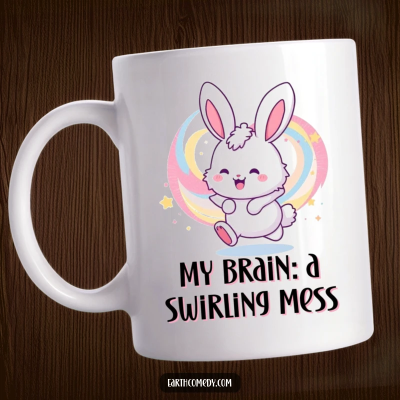 Funny mug with a cheerful, fluffy bunny character playfully bouncing near a vibrant, swirling galaxy, offering cosmic joy.