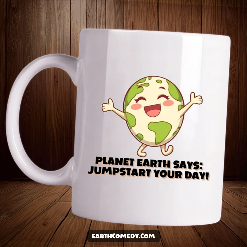 Funny Earth character mug featuring a vibrant planet leaping joyfully, embodying pure energetic happiness and fun.