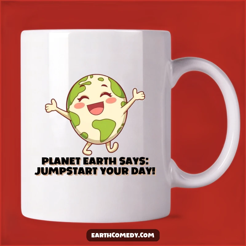 Funny Earth Character Mug: Joyful Leap Design, Perfect Energetic Gift!