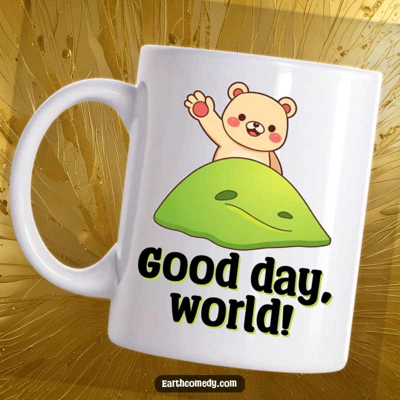 Funny bear waving from a hill on Earth mug, a cheerful and welcoming design, a humorous gift.