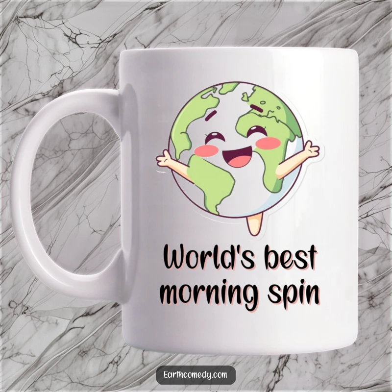 Funny Earth character mug featuring a happy planet spinning with pure delight and infectious joy.