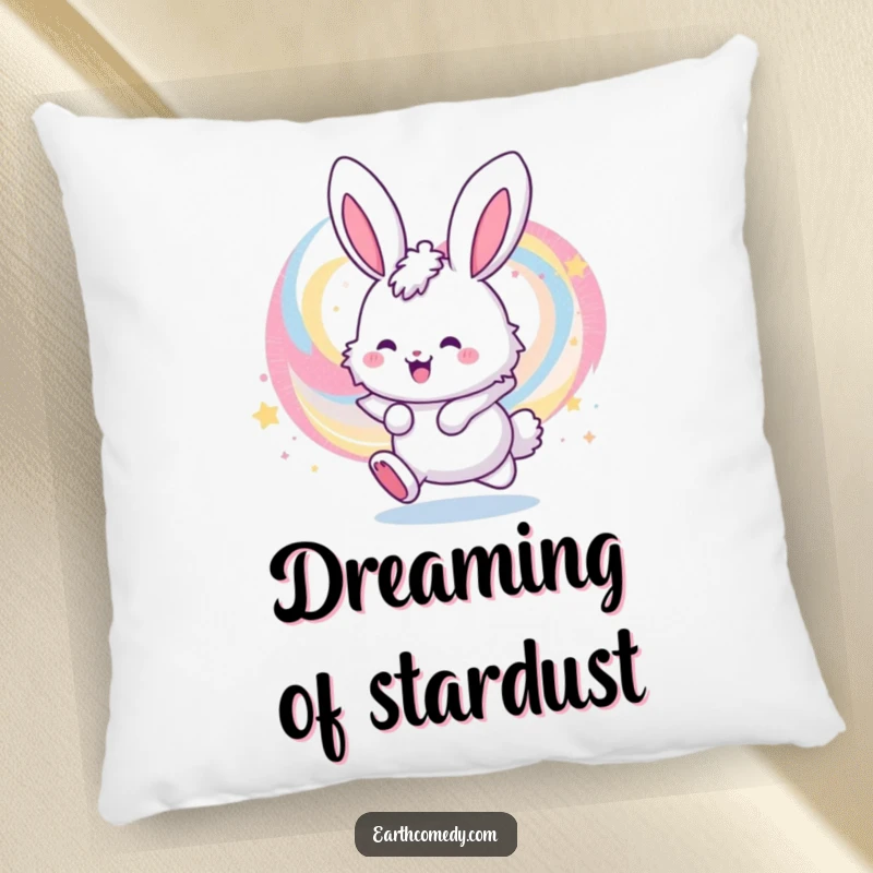 Funny pillow featuring a cheerful, fluffy bunny character bouncing playfully in a vibrant, swirling galaxy, offering cozy, cosmic fun.