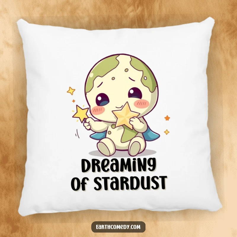 Funny Earth pillow featuring a planet character joyfully playing with a sparkling star accessory, offering comfort and magic.