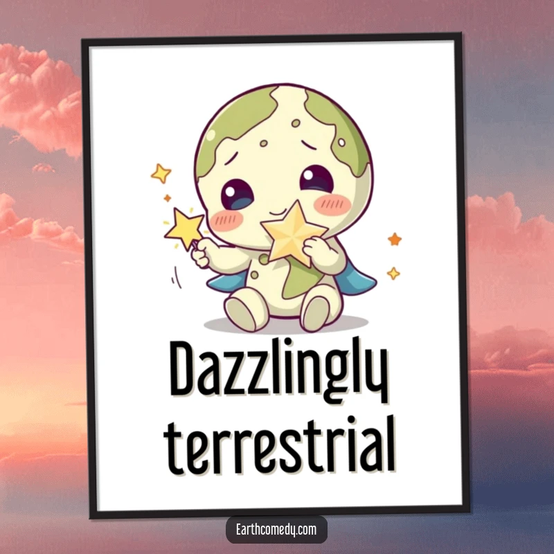 Funny Earth digital art print of a planet character playfully interacting with a sparkling star accessory, evoking magic.