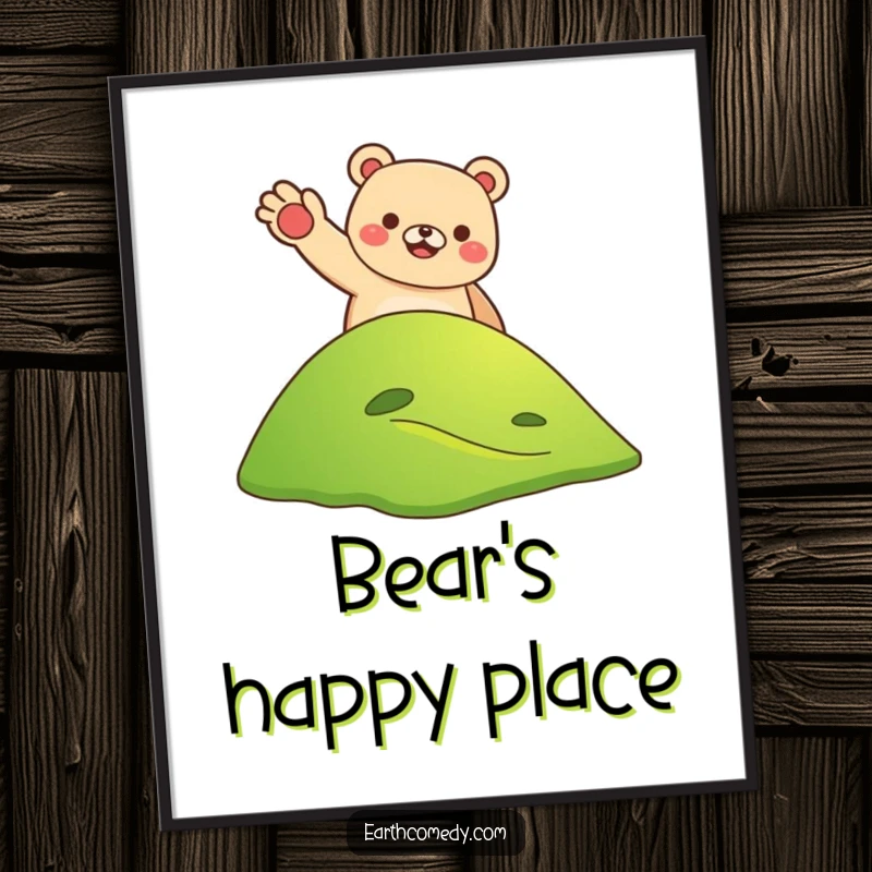 Funny bear earth welcoming digital art print of a smiling bear waving from a hill on Earth, cheerful and humorous wall decor, a funny gift.