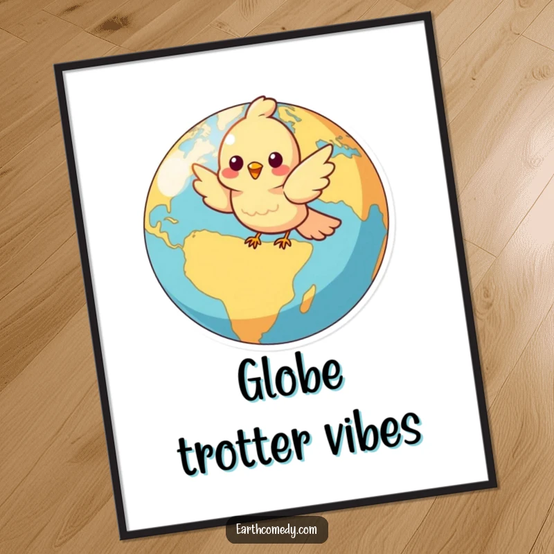 Funny digital art print of a cheerful bird character soaring around a vibrant, colorful globe, ready to be framed.