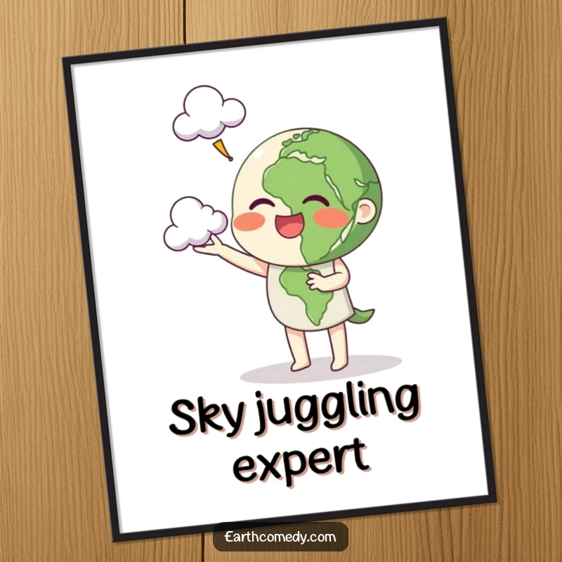 Funny Earth digital art print of a planet character cheerfully juggling clouds, radiating lighthearted fun.