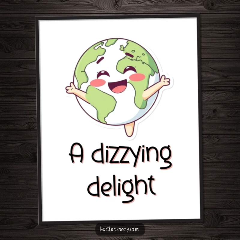 Funny Earth digital art print of a planet character spinning with pure delight, radiating happiness and fun.