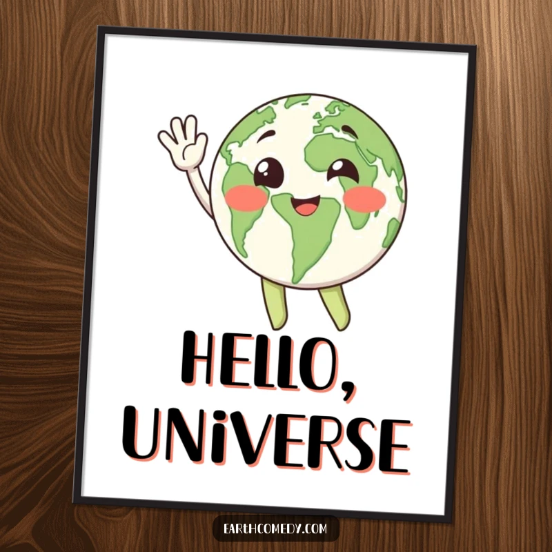 Funny happy Earth character waving enthusiastically, high-resolution digital art print for cheerful wall decor.