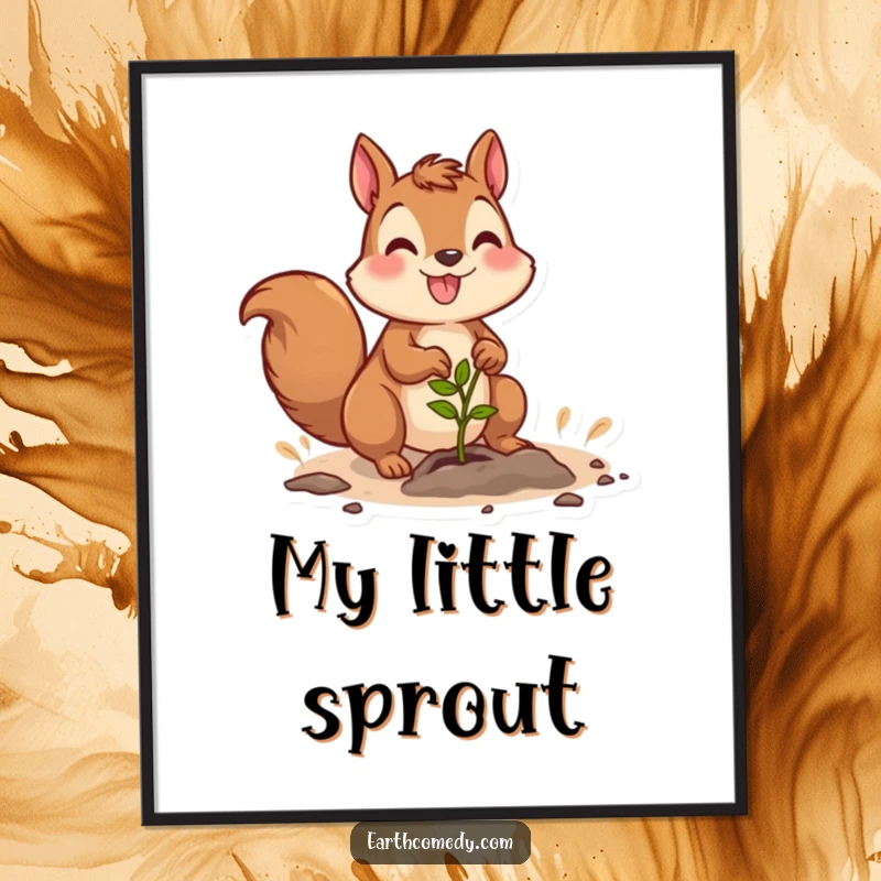 Funny digital art print of a joyful squirrel character planting a seedling, ideal for nature-themed humorous decor.