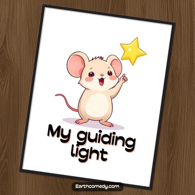 Funny digital art print of a playful, round mouse character excitedly pointing towards a brilliant, shining star, symbolizing dreams.