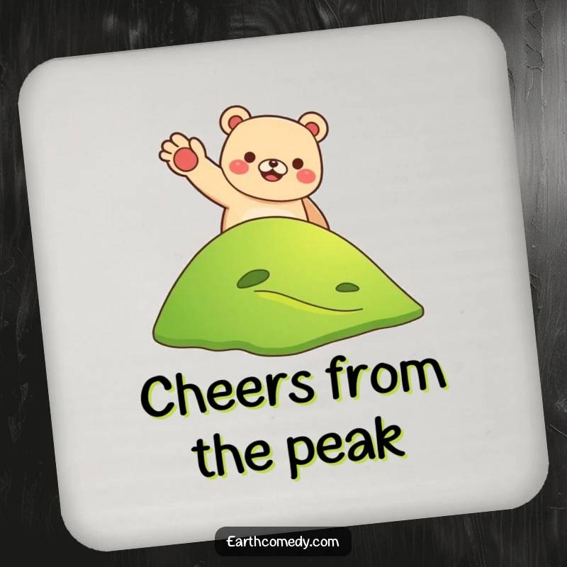 Funny bear earth welcoming drink coasters featuring a smiling bear waving from a hill on Earth, protecting surfaces with cheer and humor, a funny gift.