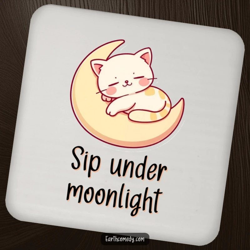 Funny drink coaster featuring a stylized cat character napping on a crescent moon cushion, bringing cozy, humorous flair.
