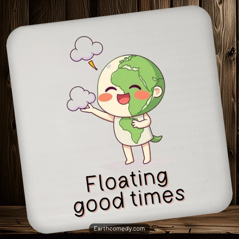 Funny Earth drink coaster with a planet character cheerfully juggling clouds, adding whimsical charm to tabletops.