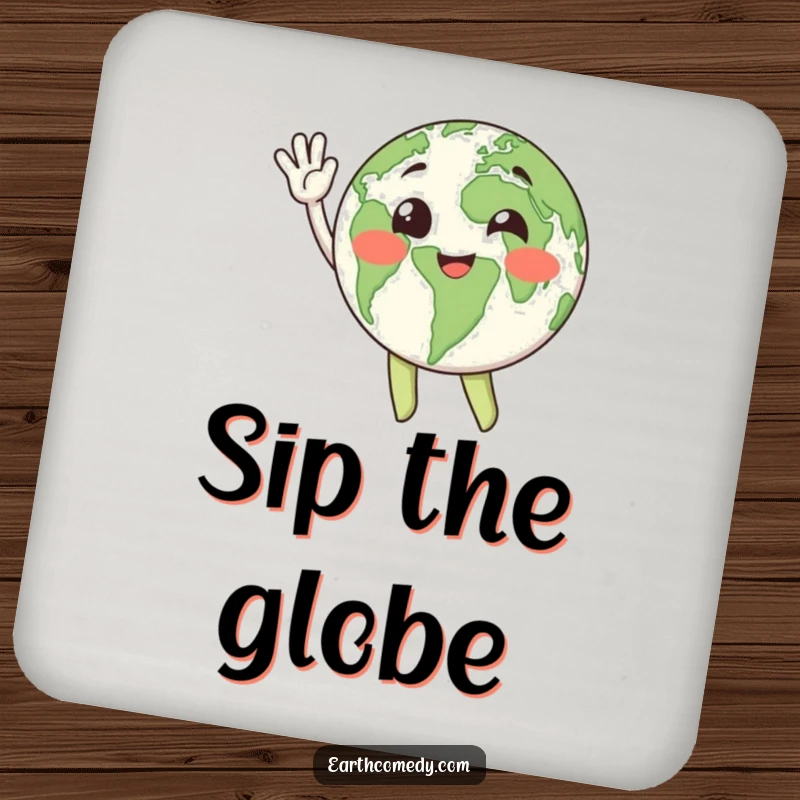 Funny happy Earth character waving on a drink coaster, a cheerful way to protect surfaces.
