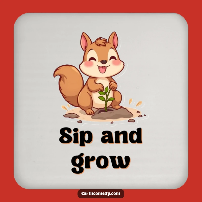 Funny Squirrel Gardener Drink Coaster: Joyful Character Planting Seedling Protector