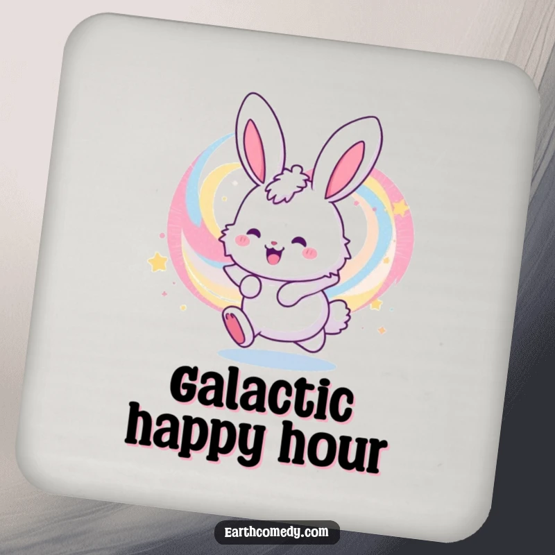 Funny drink coaster featuring a cheerful bunny character bouncing in a colorful, swirling galaxy, adding cosmic flair to tabletops.
