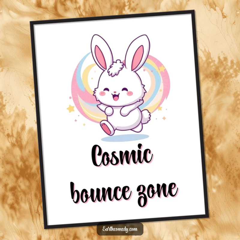 Funny poster art of a fluffy bunny character joyfully bouncing within a beautiful, swirling, colorful galaxy, adding whimsical decor.