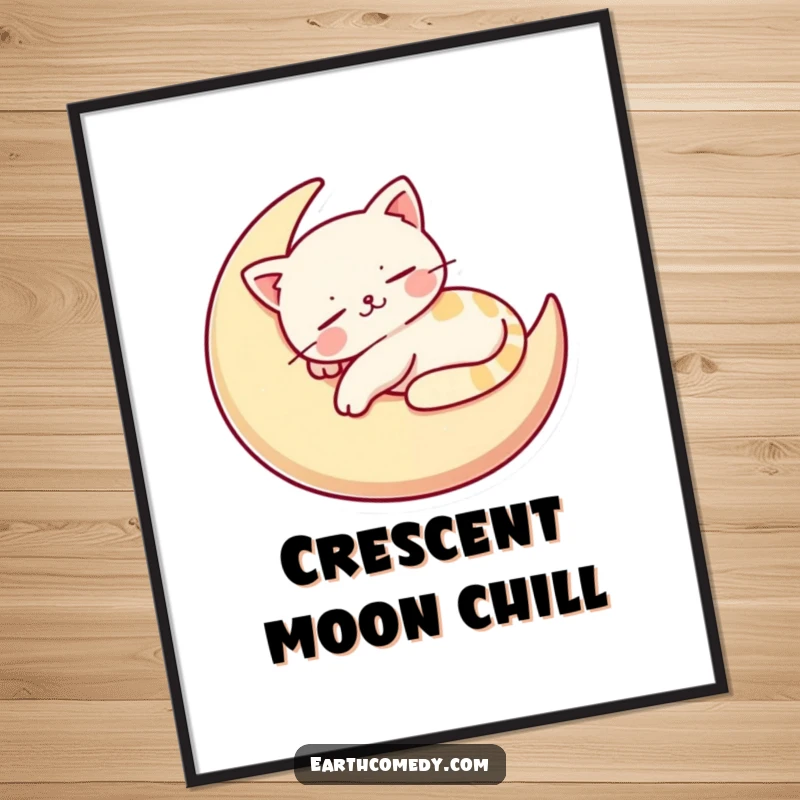 Funny poster art of a stylized, happy cat napping contentedly on a crescent moon-shaped cushion, bringing tranquil humor.