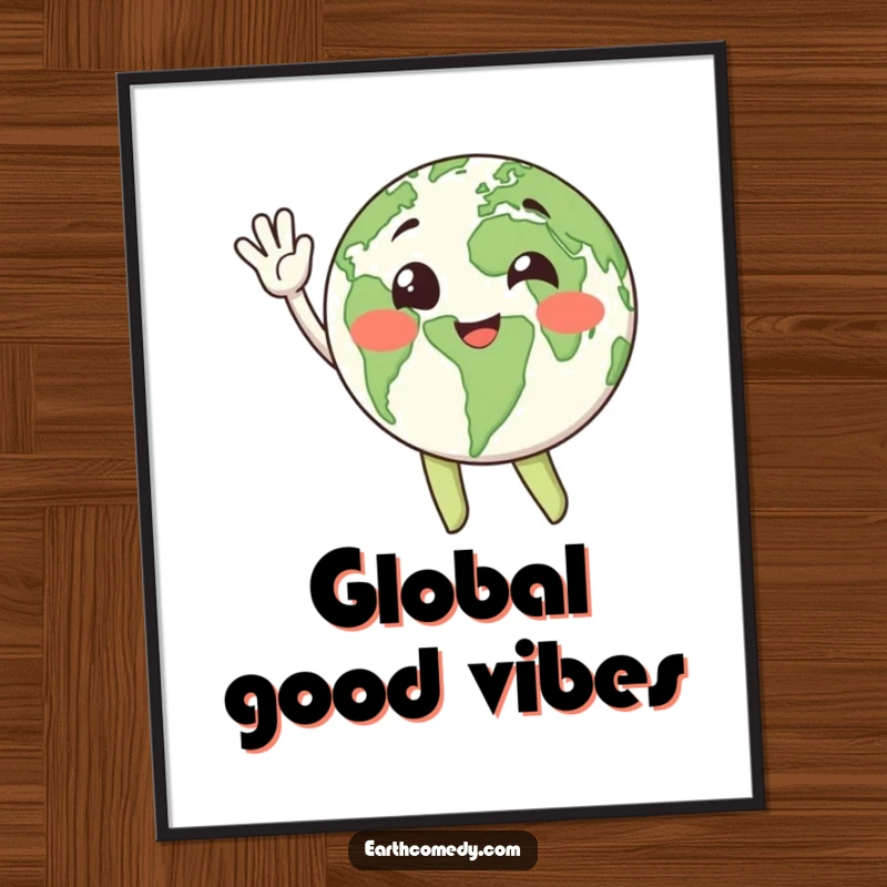 Funny Earth character art print, waving enthusiastically with its continents, radiating global happiness.