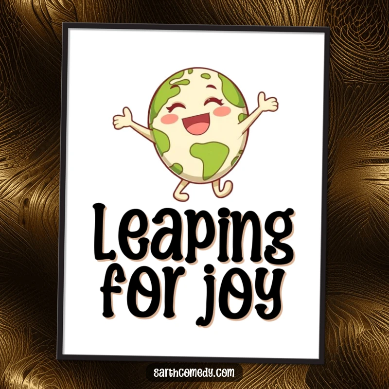 Funny Earth poster displaying an energetic planet character in a spirited, joyful leap, perfect for uplifting decor.
