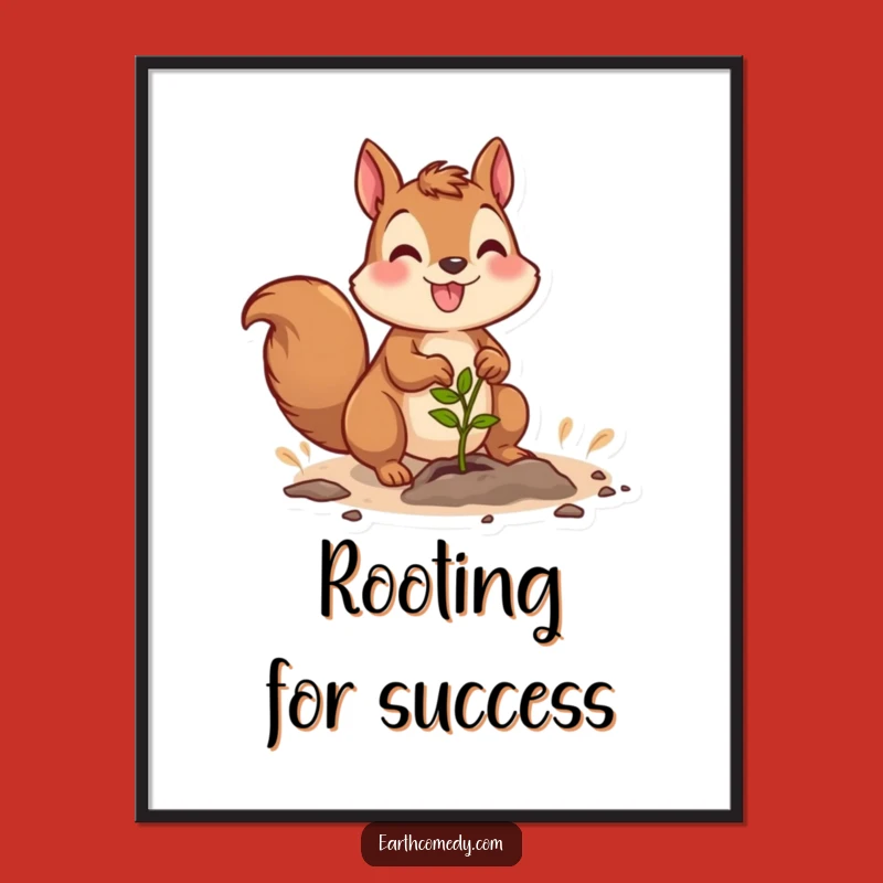 Funny Squirrel Gardener Poster: Joyful Character Planting Seedling Art