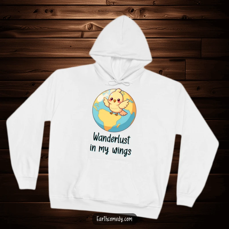 Funny hoodie featuring a happy bird character soaring gracefully around a depiction of Earth, inspiring travel and smiles.