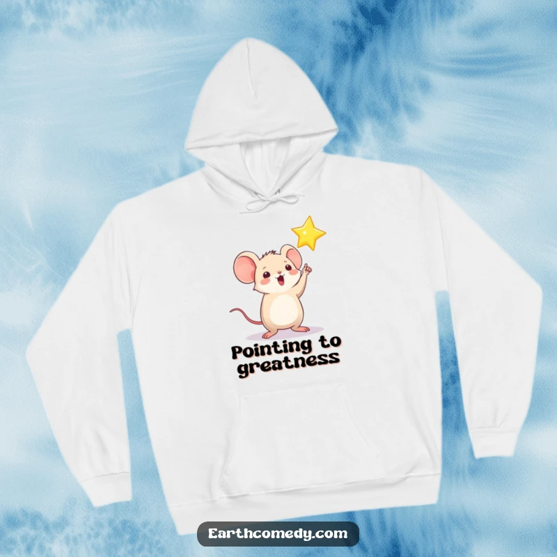 Funny hoodie featuring a round, playful mouse character excitedly directing attention to a bright, shining star overhead, inspiring ambition.