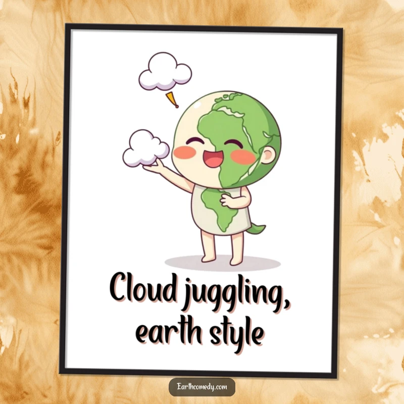 Funny Free Printable Wall Art: Earth character cheerfully juggling three small, fluffy clouds, creating a whimsical and playful scene.