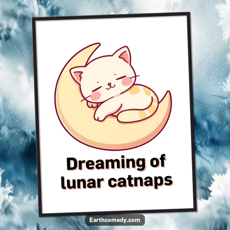 Funny Free Printable Wall Art, a stylized cat naps peacefully on a crescent moon cushion, creating a cozy scene.