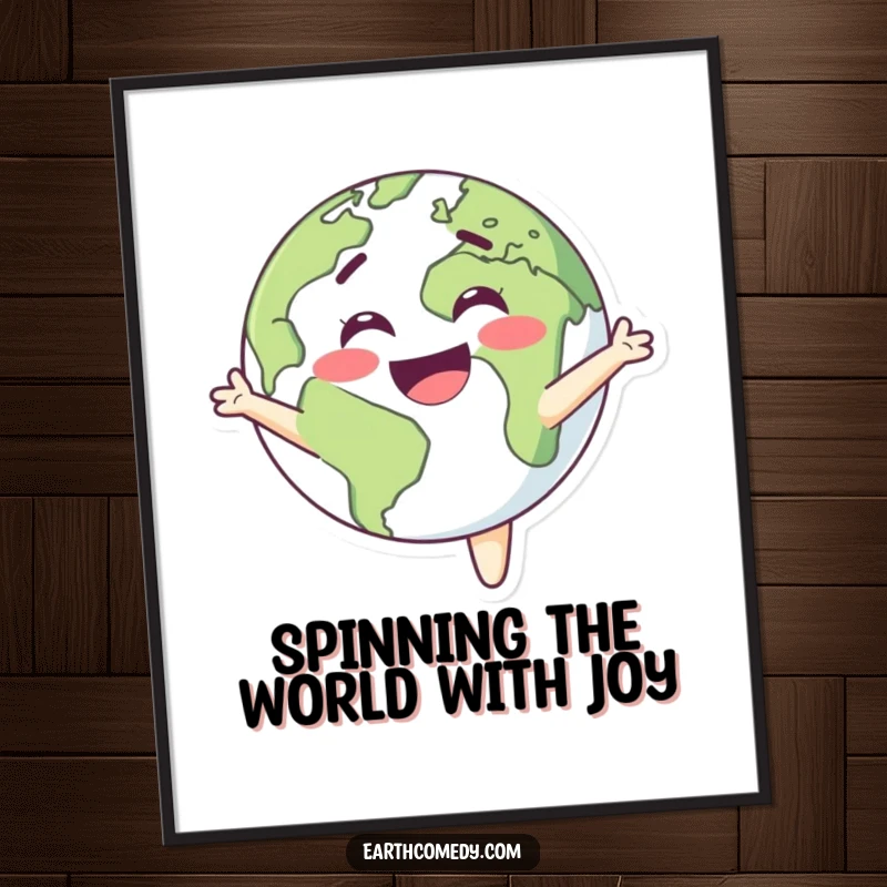Funny Free Printable Wall Art: Smiling Earth character in a joyful spin, radiating happiness and positive energy.