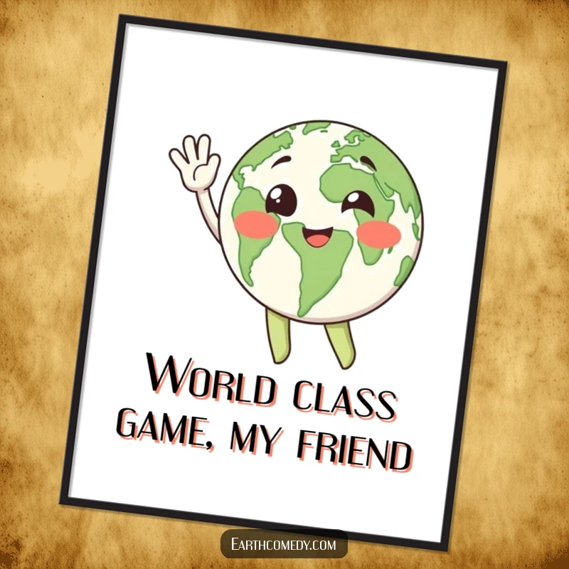 Funny Free Printable Wall Art: Happy Earth character waving enthusiastically with continents, celebrating our world.
