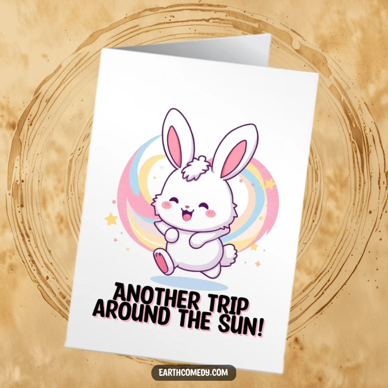 Funny Free Printable Birthday Card featuring a fluffy bunny joyfully bouncing through a vibrant, swirling galaxy of stars.
