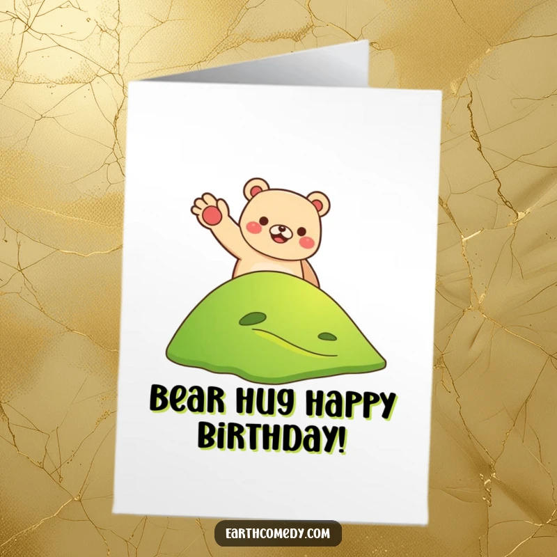 Funny Free Printable Birthday Card: A smiling bear waves from a green hill on Earth, celebrating.