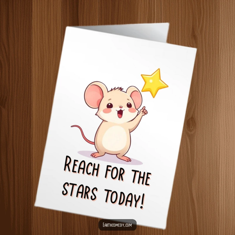 Funny Free Printable Birthday Card, a round mouse excitedly points towards a shining star, celebrating dreams and wishes.